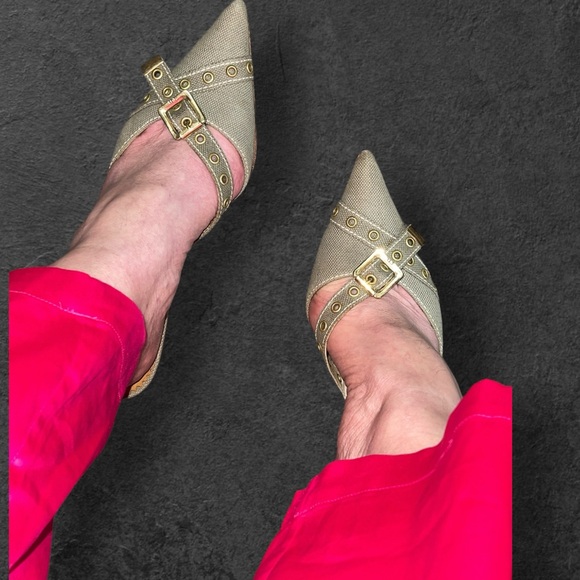 SOLDX AUTH DIOR VINTAGE MULE SLIDE SANDAL GREEN KHAKI CANVAS POINTED TOE 7.5 38 - Picture 6 of 8